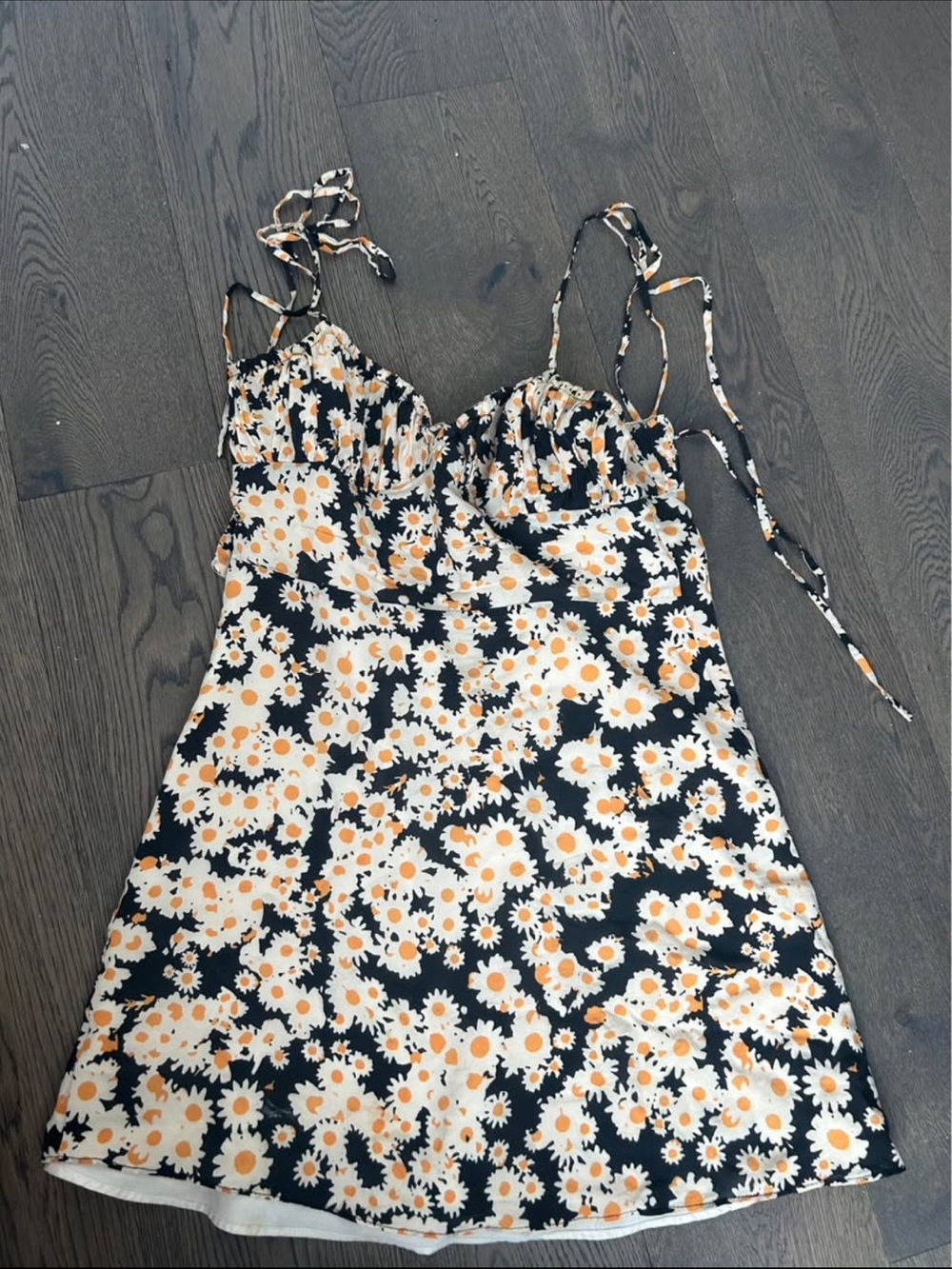 Floral Daisy Slip Dress - Black & White with Orange Accents